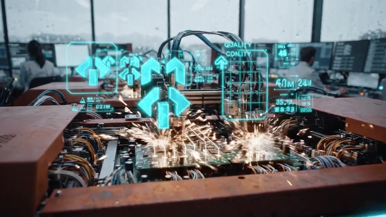 Futuristic Control Room with Scientists Monitoring Advanced AI Data Processing