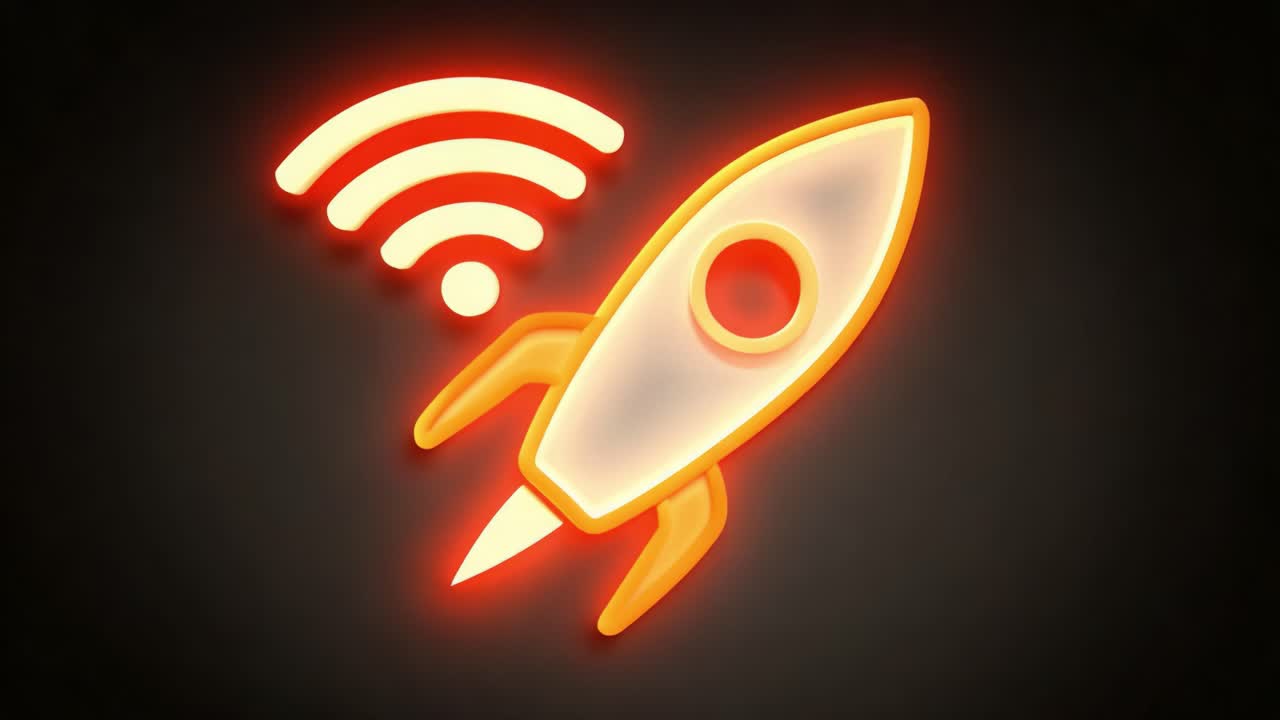 A dynamic illustration featuring a futuristic rocket launching with vibrant orange accents alongside a Wi-Fi symbol, representing advanced connectivity and technological innovation