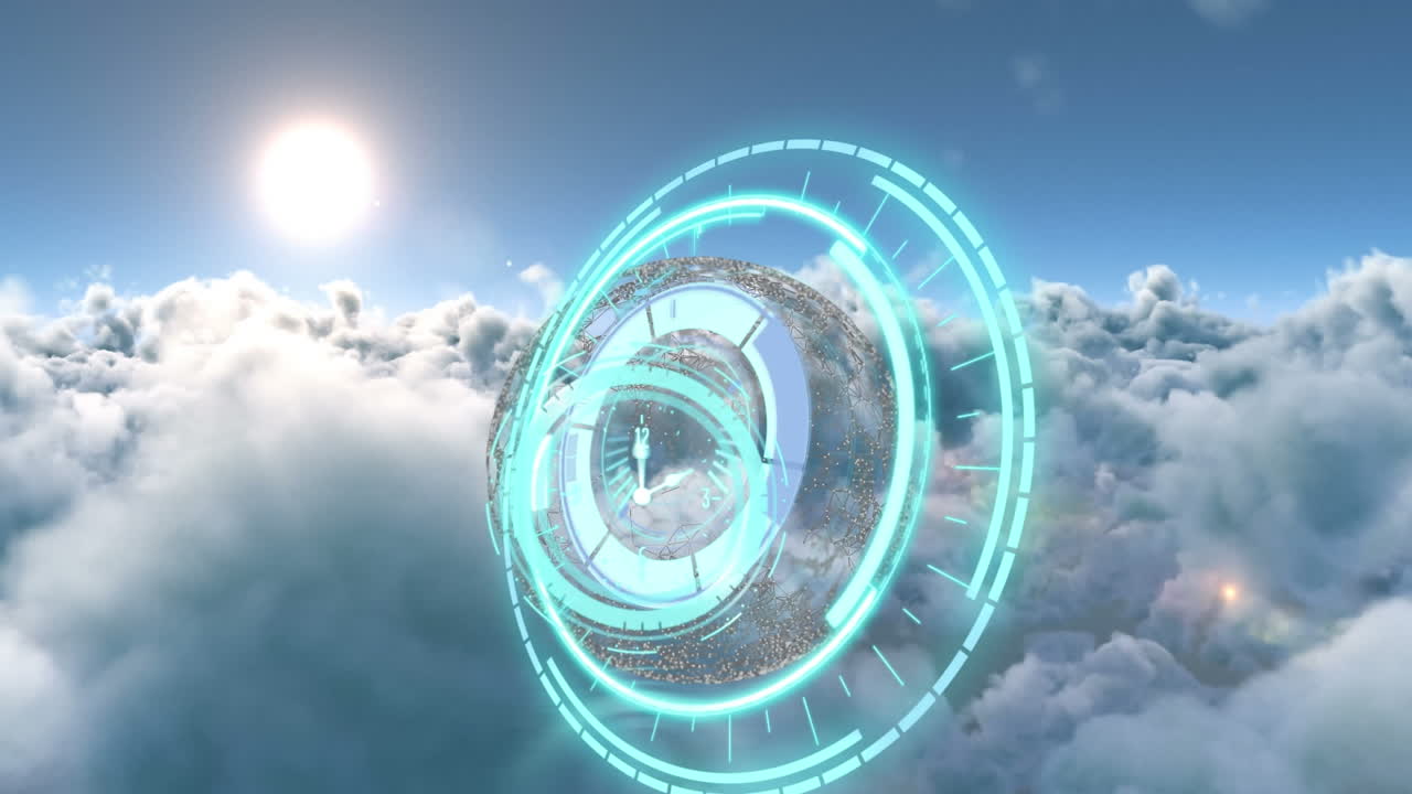 Animation of blue clock over cloudy sky