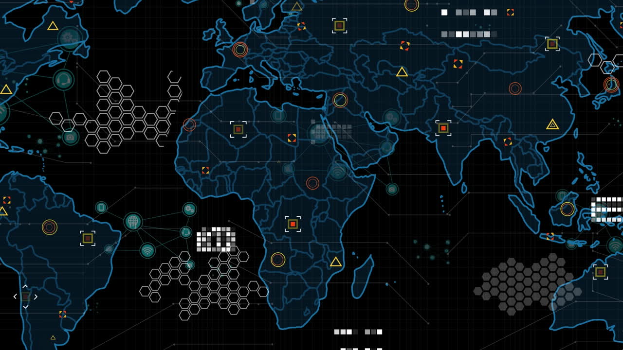 animación del procesamiento de datos con un mapa del mundo sobre un fondo negro