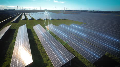 aerial drone shot of digital lines connecting solar panel farm and loading battery motion graphics outdoors during sunny day - producing of sustainable green energy in nature - futuristic concept