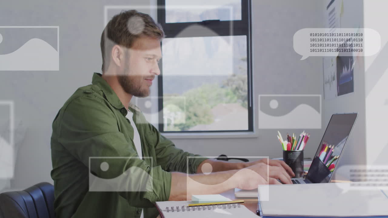 animacja tekstu i przetwarzania danych na ekranie i kaukazyjski biznesmen