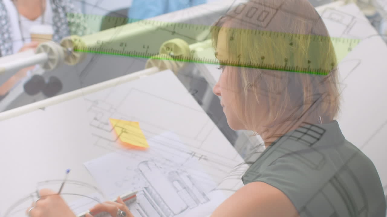 회전 계획 도면 위에서 스튜디오 몬태지에서 일하는 아키텍트