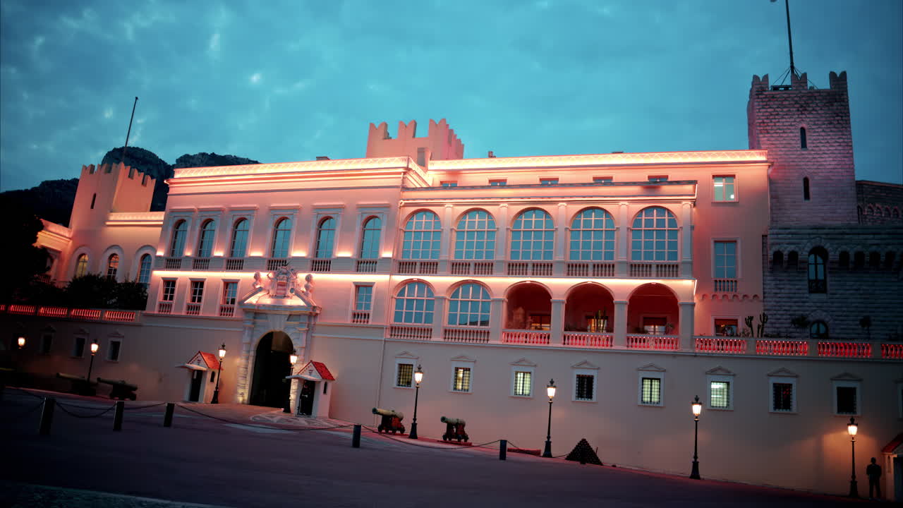 Street view of the Prince's Palace of Monaco in the evening