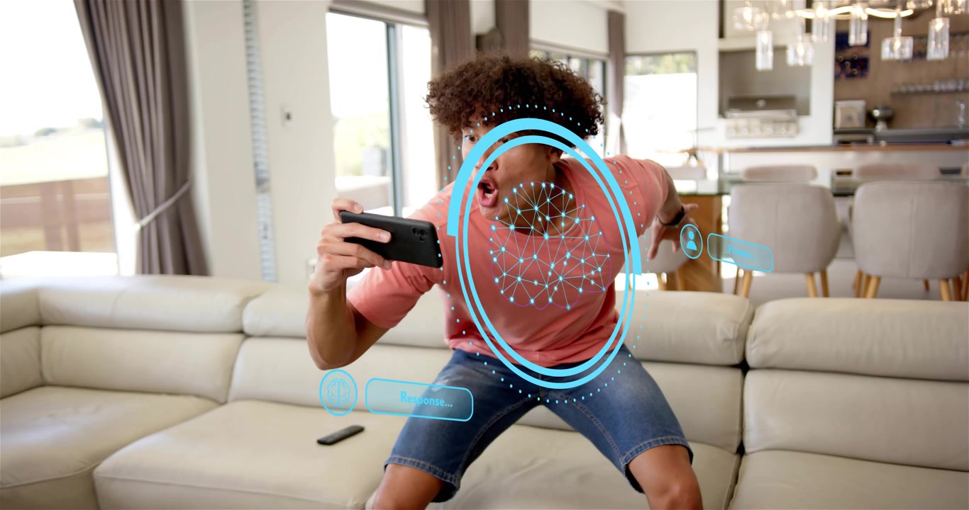Man viewing smartphone in home, AR HUD overlaying face, torso, rising, stepping back for tech