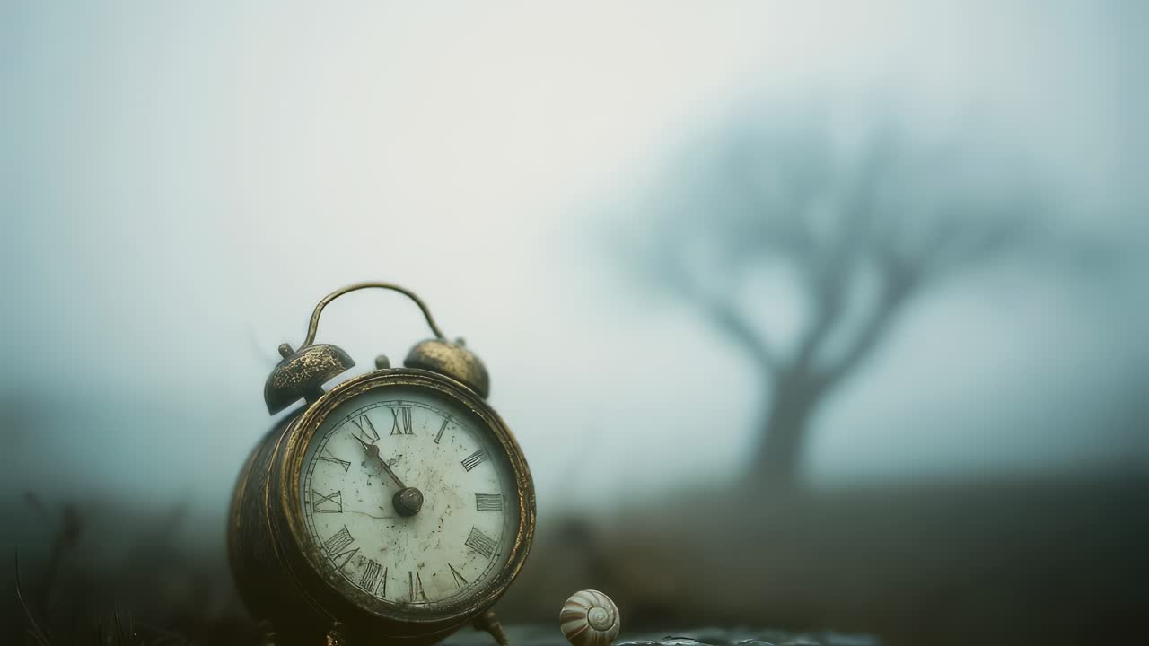 Antique Clock in a Foggy Landscape