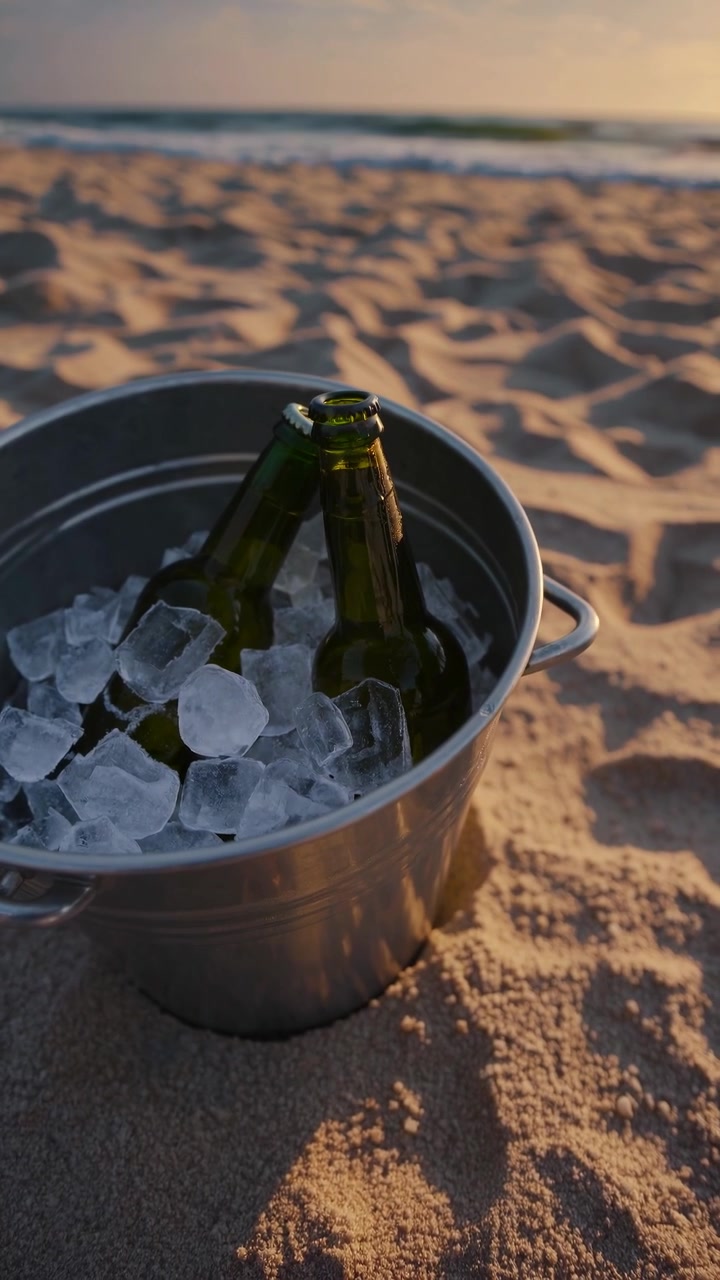 Bottiglie di birra rinfrescanti in un secchiello del ghiaccio sulla spiaggia all'ora d'oro