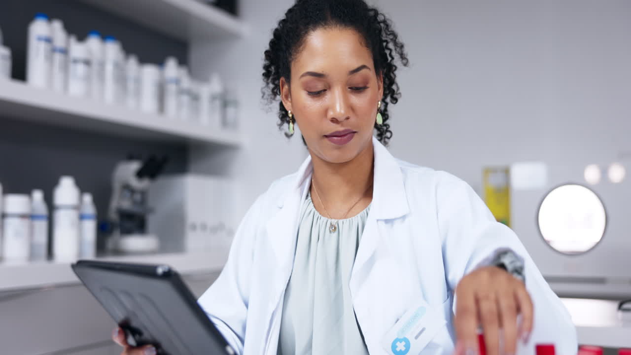 Tablet, research and a female scientist with a dna