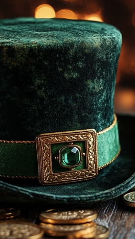 green hat resting on gold coins. a vibrant green hat sits on a wooden surface surrounded by shiny gold coins and soft glowing lights in the background.