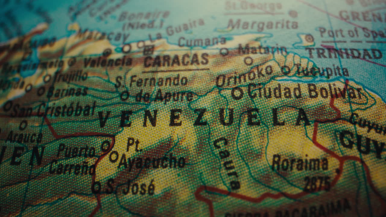 Close-up of a vintage world map focusing on Venezuela