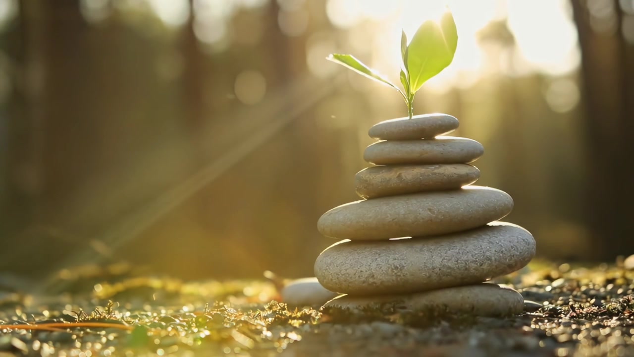 Small Green Plant Growing on Stacked Stones in Sunlight