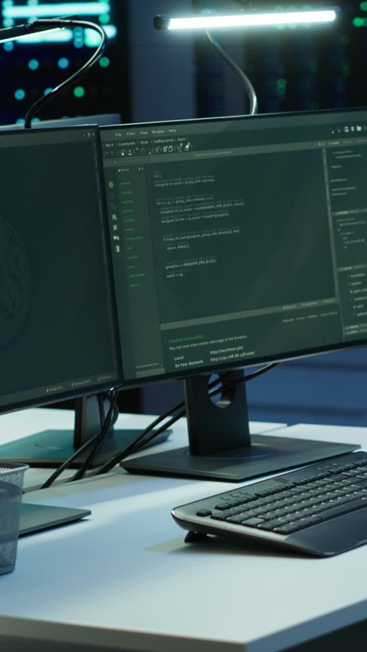 Programmeringskode på doble dataskjermer i et teknisk kontor