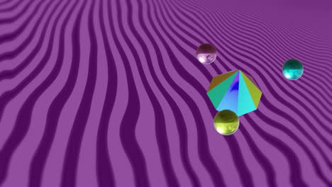 animación de formas multicolores en 3d sobre un fondo de rayas púrpuras