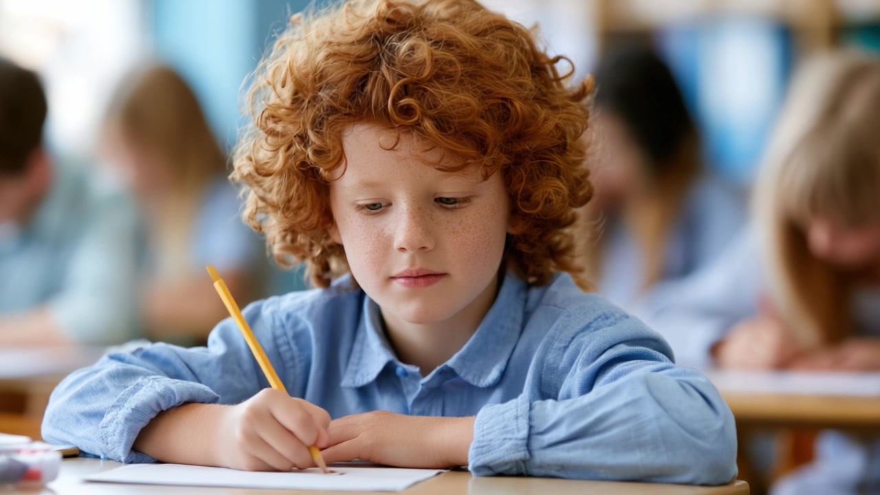 Un giovane studente impegnato nell'apprendimento: un ragazzo con capelli rossi ricci, concentrato sulla sua scrittura mentre è circondato dai compagni di classe in un'aula.