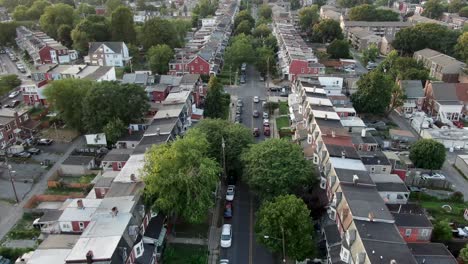 reverse aerial above inner city poor community housing in united states of america, lancaster, pennsylvania