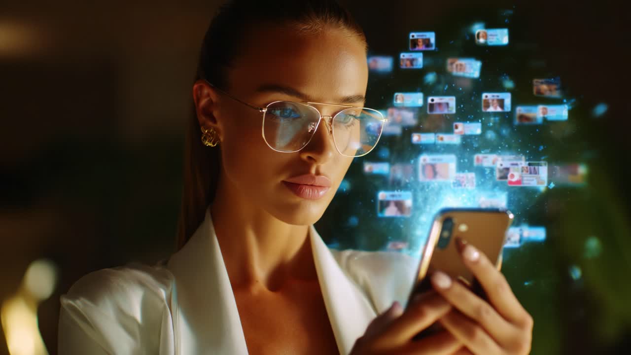 A focused individual engages with a smartphone, surrounded by an aura of digital identities, exemplifying the intersection of modern technology, communication, and personal connections in a visually striking environment