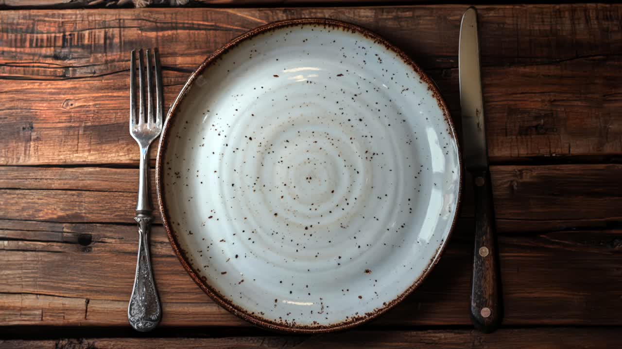 농촌 목조 테이블에 포크와 칼이 있는 빈 접시