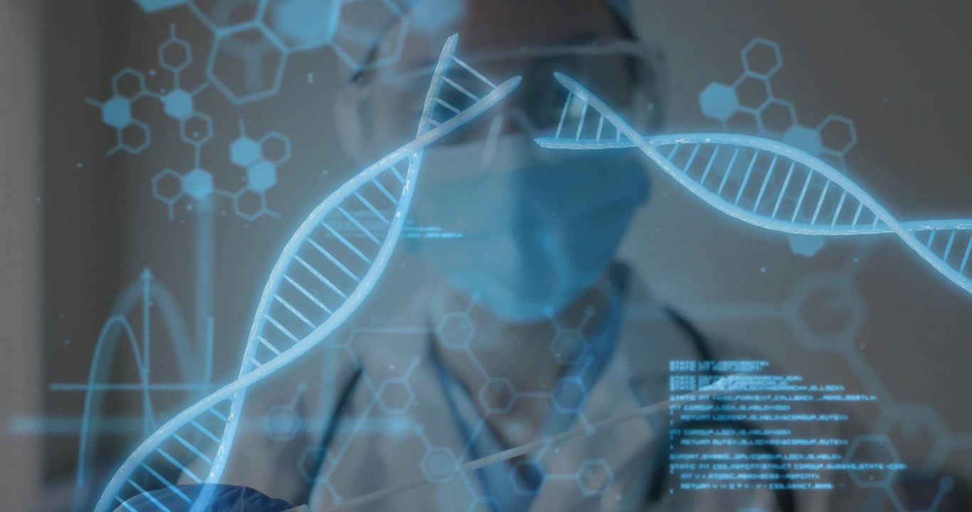 Medical doctor touching DNA helix on transparent interface, activating code and molecular icons