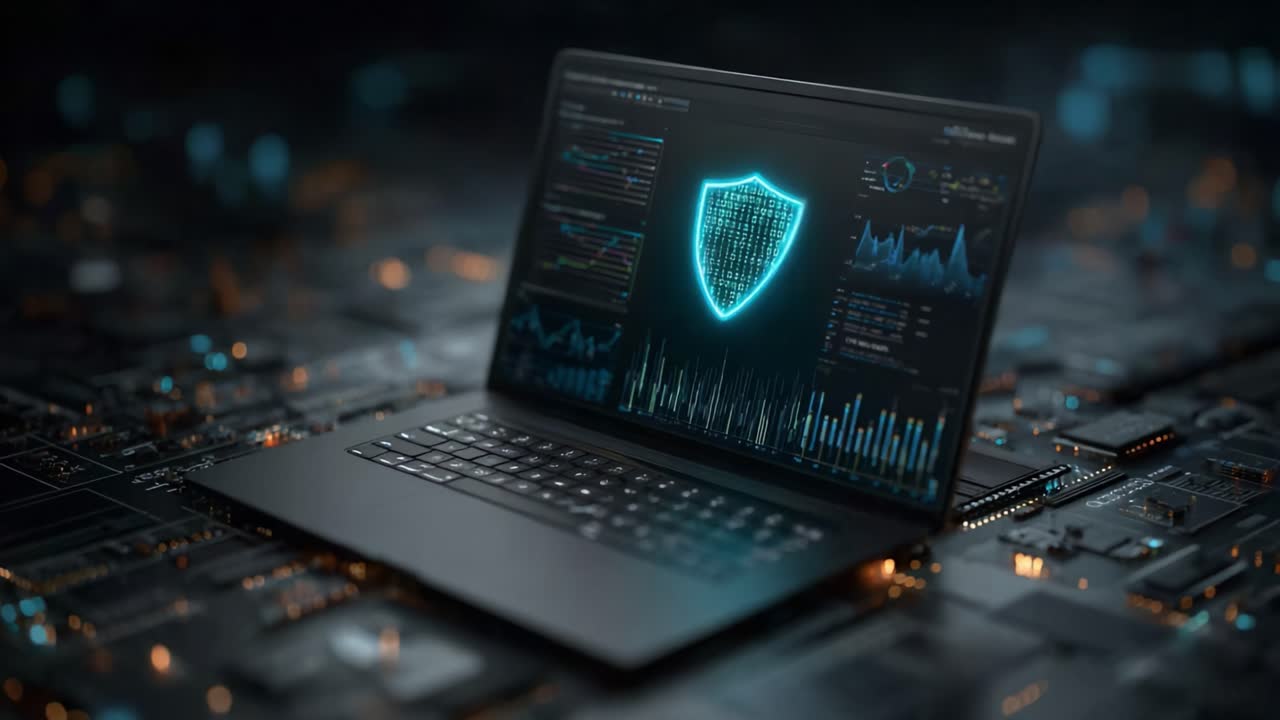 A Modern Laptop Displaying a High-Tech Security Shield, Emphasizing Cyber Protection and Data Security Amidst a Futuristic Circuit Background