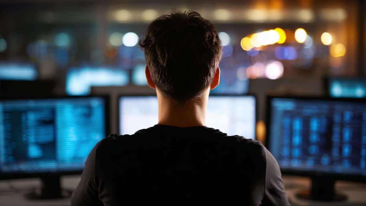 A focused individual immersed in technology, analyzing data on multiple computer screens in a dimly lit environment, capturing the essence of digital engagement and analytics