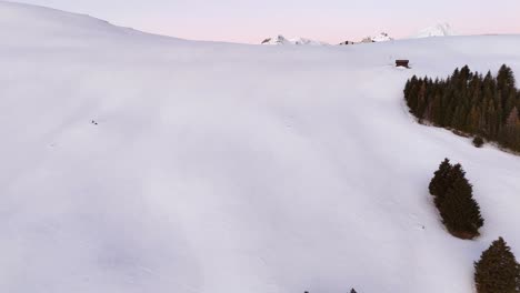 untervaz in switzerland with snow-covered houses and trees, gentle dusk light, aerial view