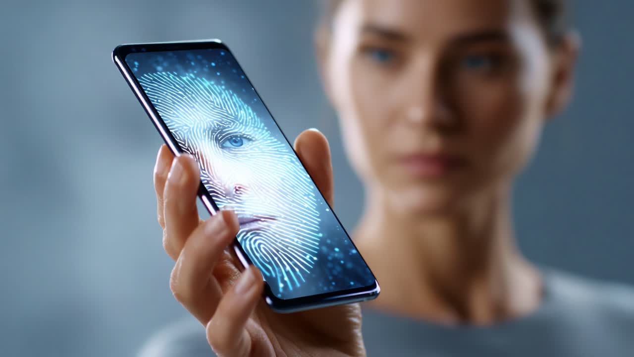 Esplorare il futuro dell'autenticazione con la tecnologia avanzata di riconoscimento facciale su uno smartphone mostrato da una persona riflessiva