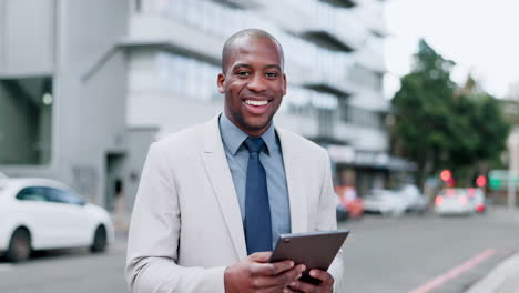 Business,-face-and-black-man-on-tablet-in-city