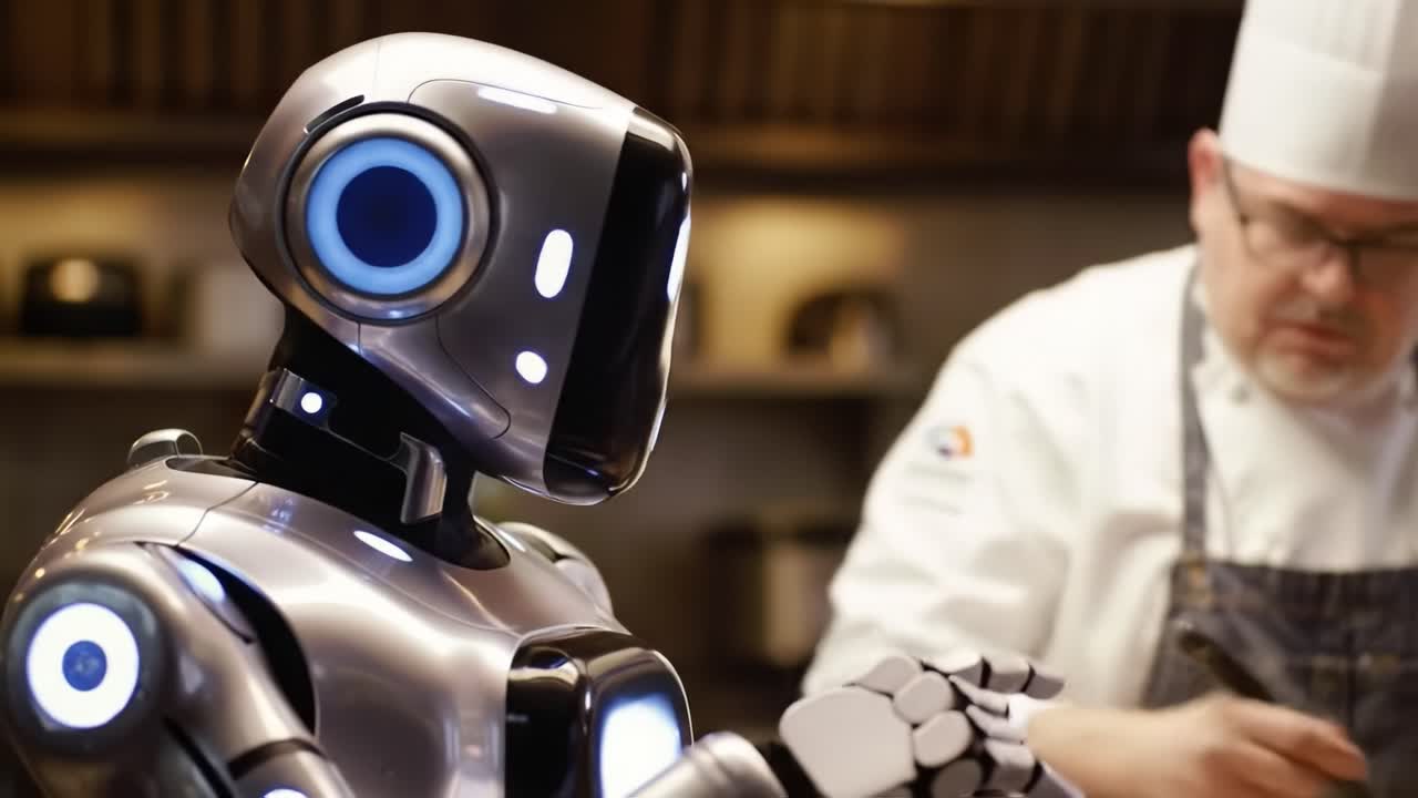 A humanoid robot assists a professional chef in a high-tech kitchen, showcasing advanced cooking techniques and innovative gastronomy. The collaboration blends technology with culinary artistry.