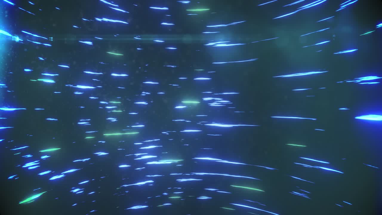 Animation of blue and green light trails spinning against black background