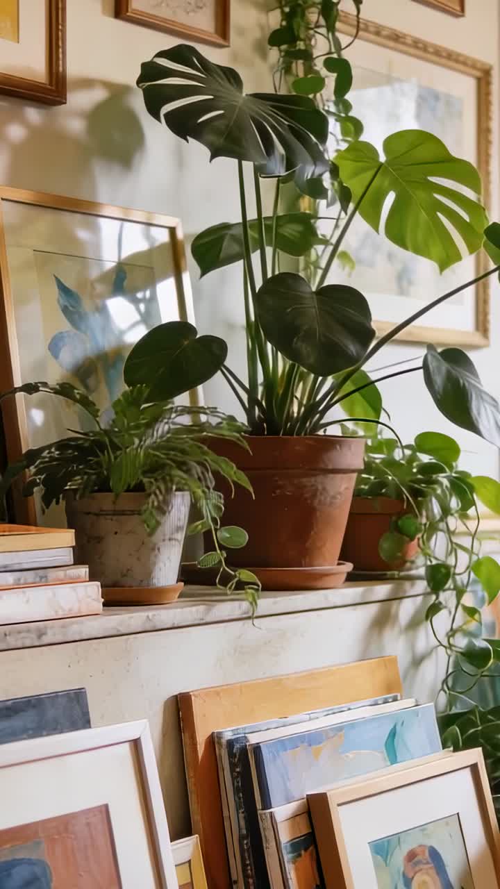 Video verticale: Telecamera che scende mostrando una Monstera in vaso su uno scaffale, foglie che si muovono e quadri incorniciati.