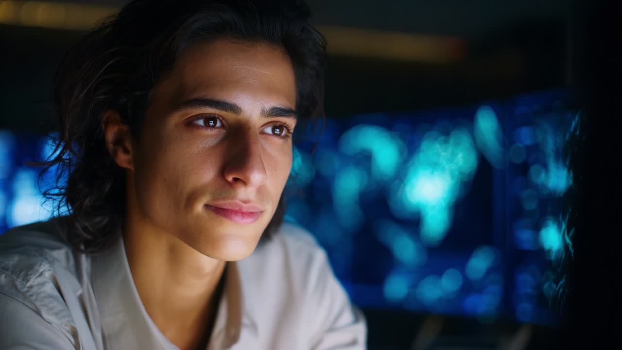 A young man with long, dark hair sits in front of glowing screens, transitioning from a focused expression to a joyful smile, showcasing a moment of emotional transformation in a tech-inspired environment