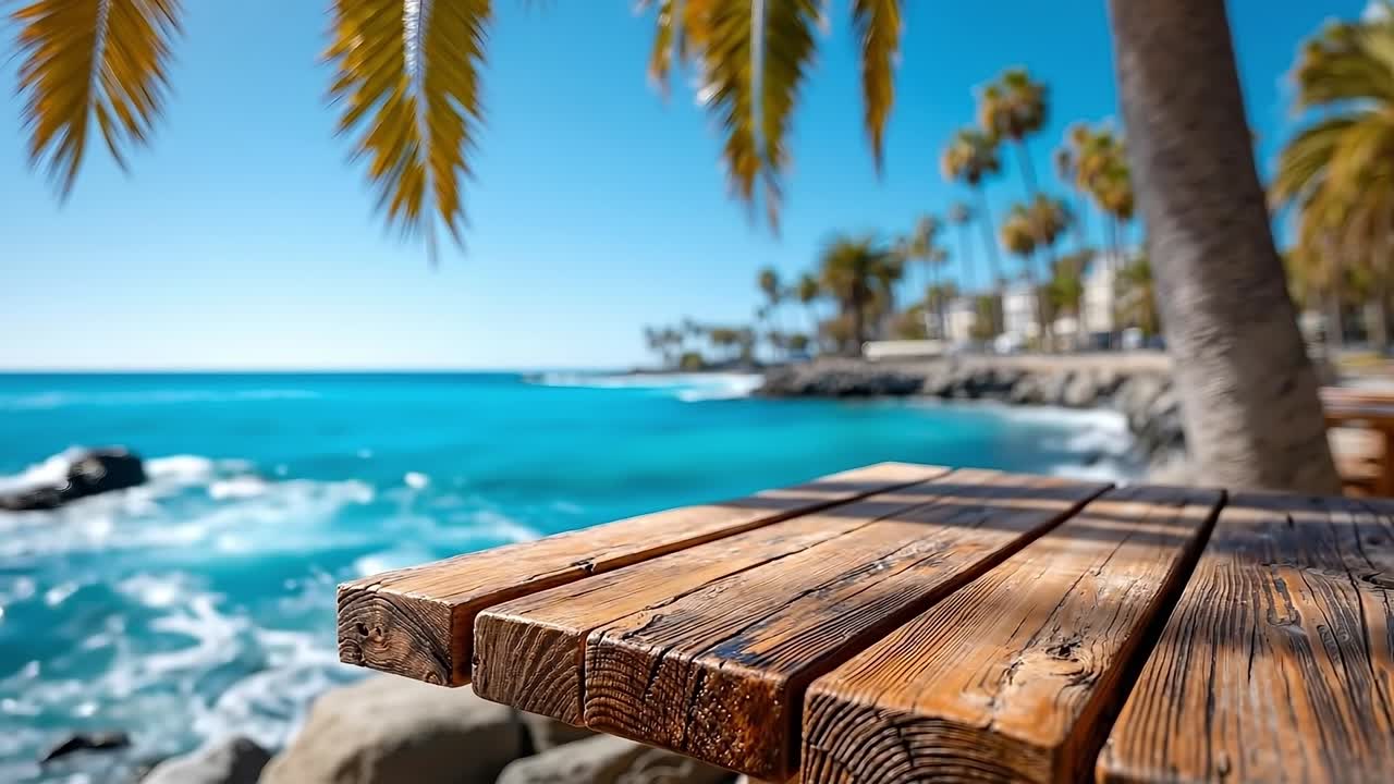A wooden table sitting on top of a beach next to the ocean