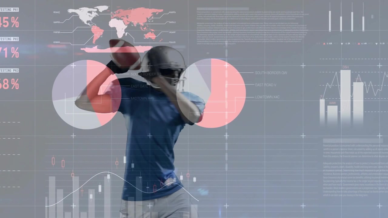 QB shifting ball, pivoting, throwing in-studio as HUD pie charts overlaying player for sports data