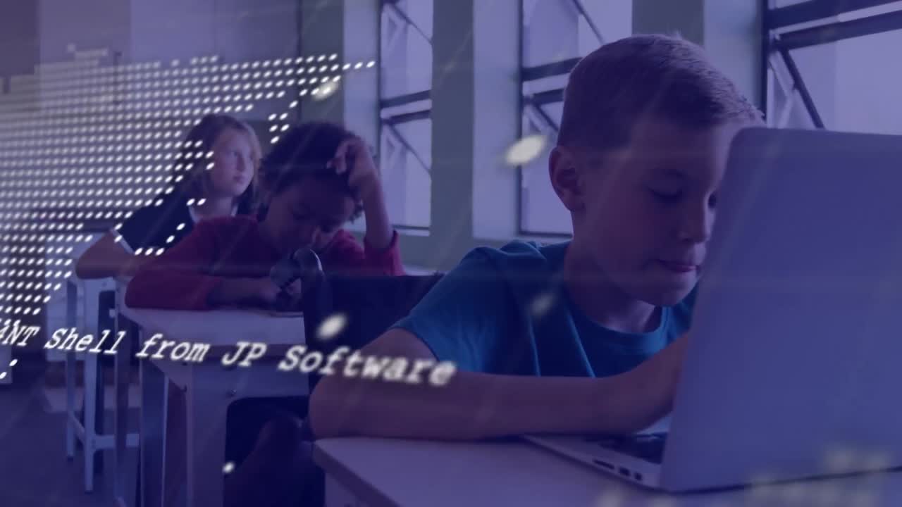 Animation of data processing and world map over caucasian boy using laptop at school