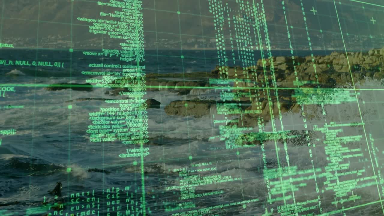 Griglia che appare su una costa rocciosa, dimostrando una sovrapposizione di dati, colonne di codice che scorrono a cascata e onde che si infrangono.