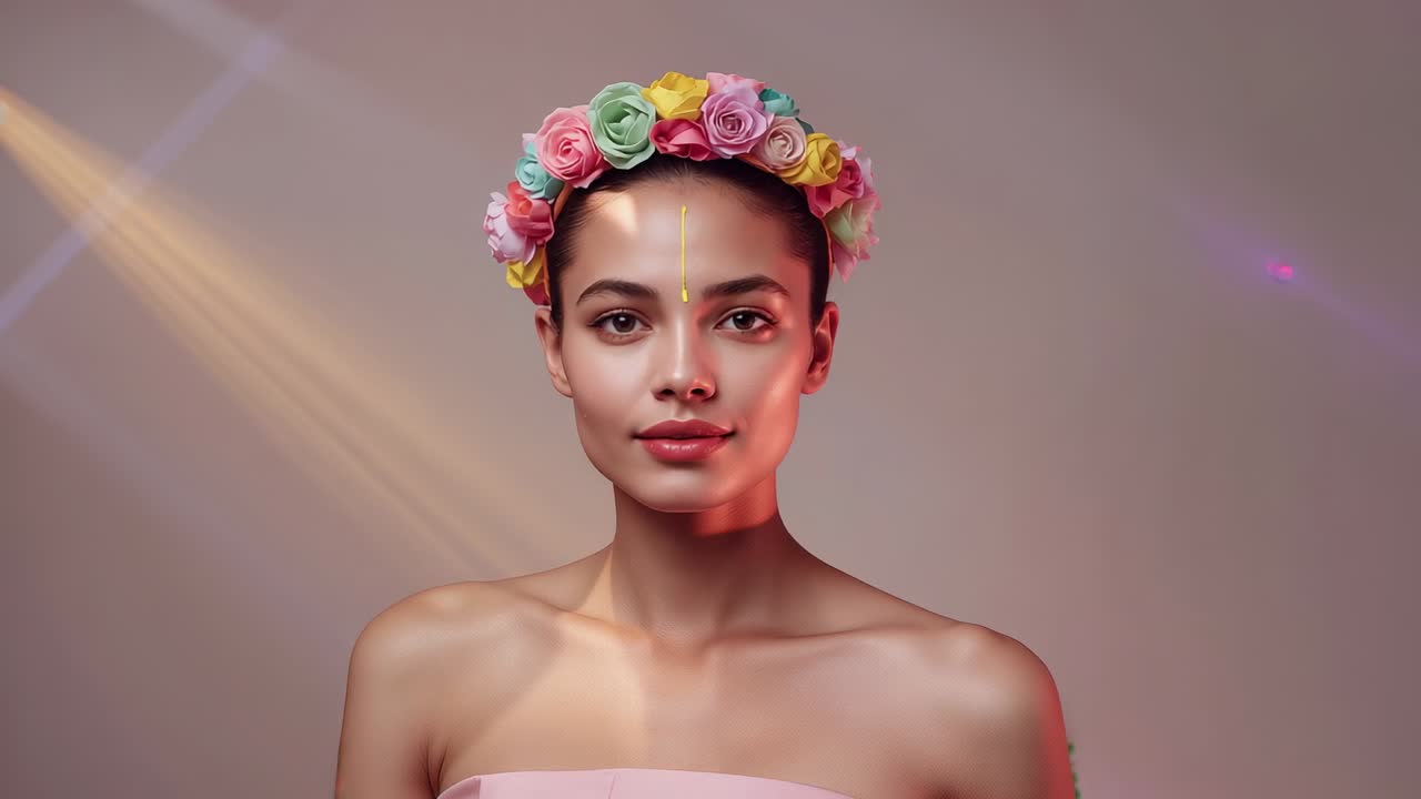 Opening close-up woman with floral crown and gold line tilting head in studio, shifting light beams