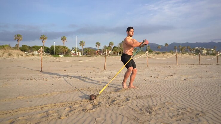 muscular athlete training functional exercises performs dragging on the beach with weight