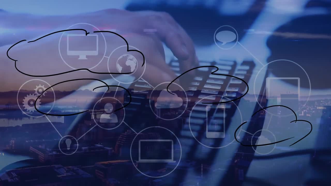 animación de iconos y nubes sobre empresario caucásico usando el teclado de la computadora