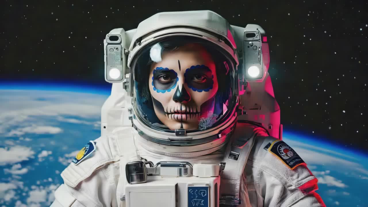 Astronaut med sugar skull ansigtsmaling i rummet