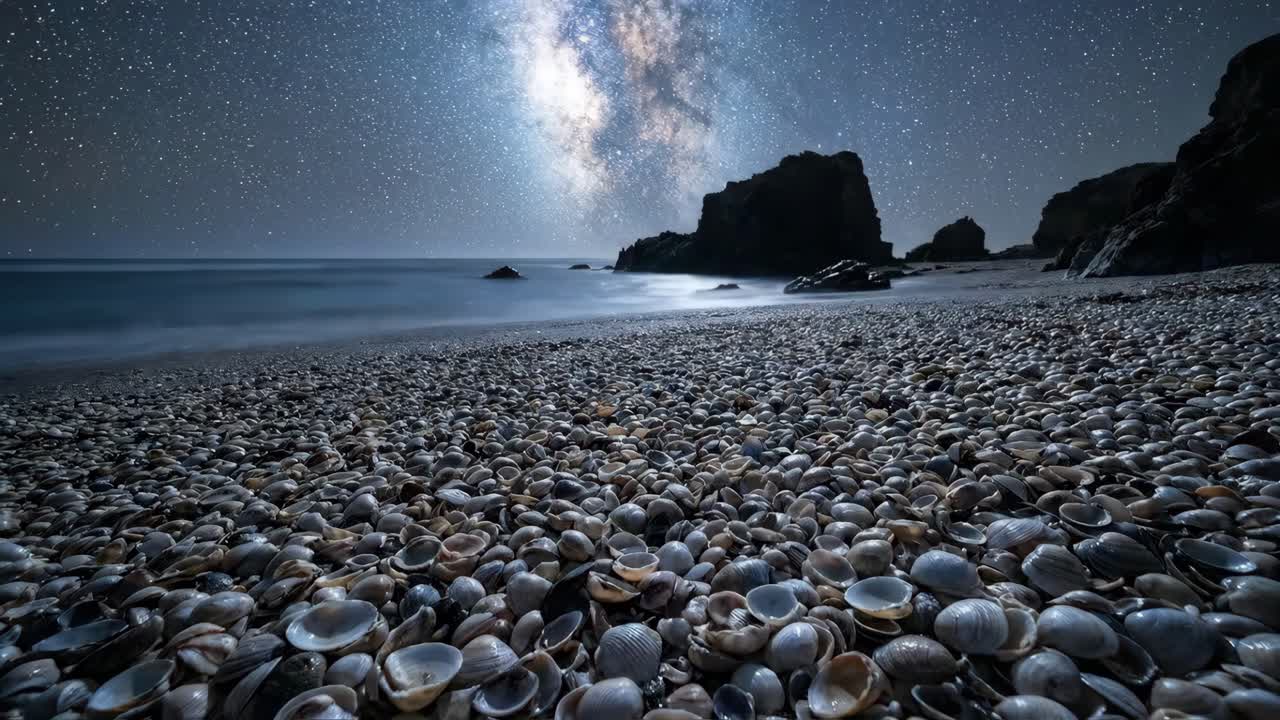 Spiaggia notturna con scie di stelle e Via Lattea