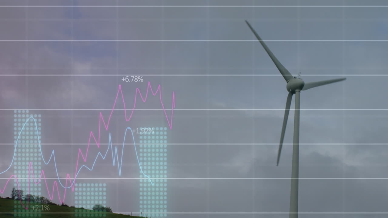 회색 하늘을 배경으로 회전하는 풍차 위에서 통계 데이터 처리의 애니메이션