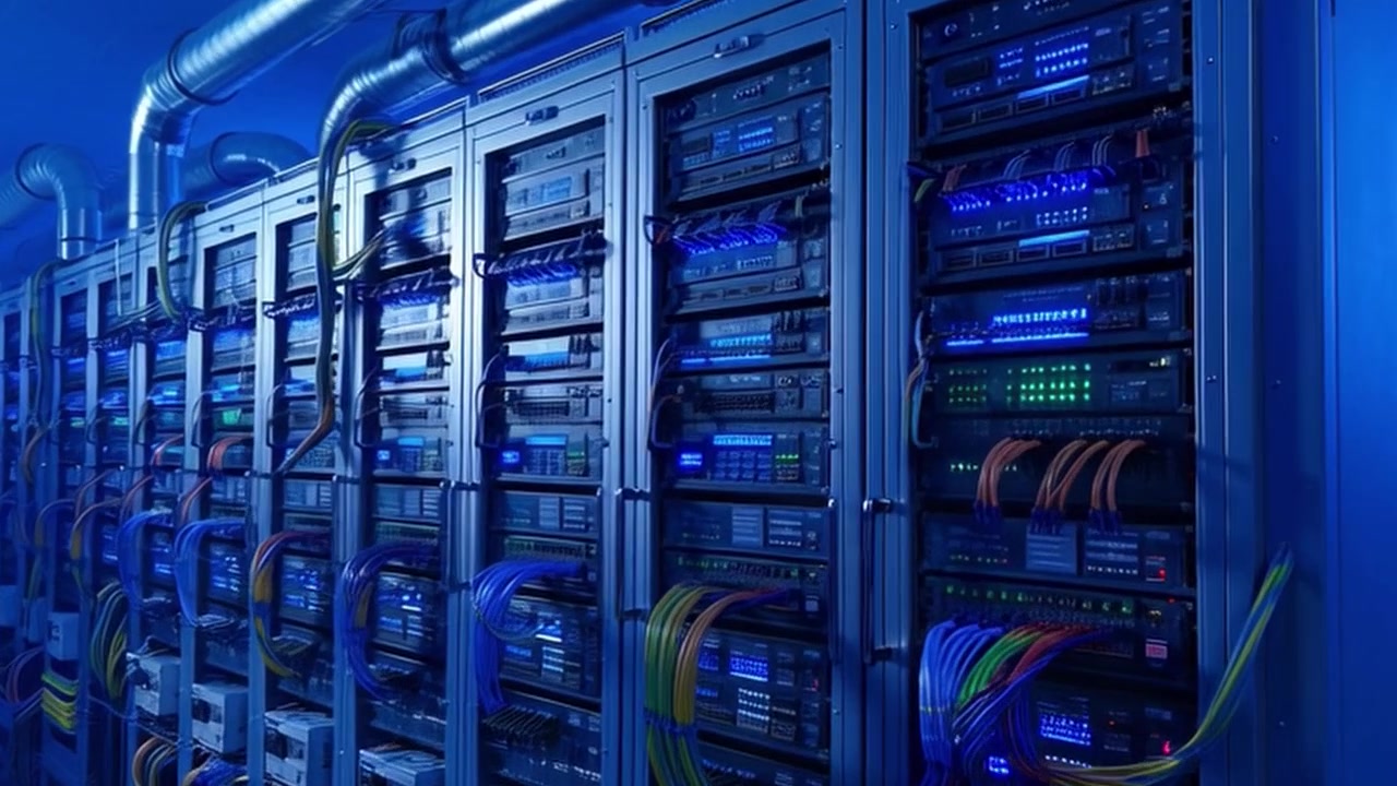 Rader med serverrack i et moderne datasenter