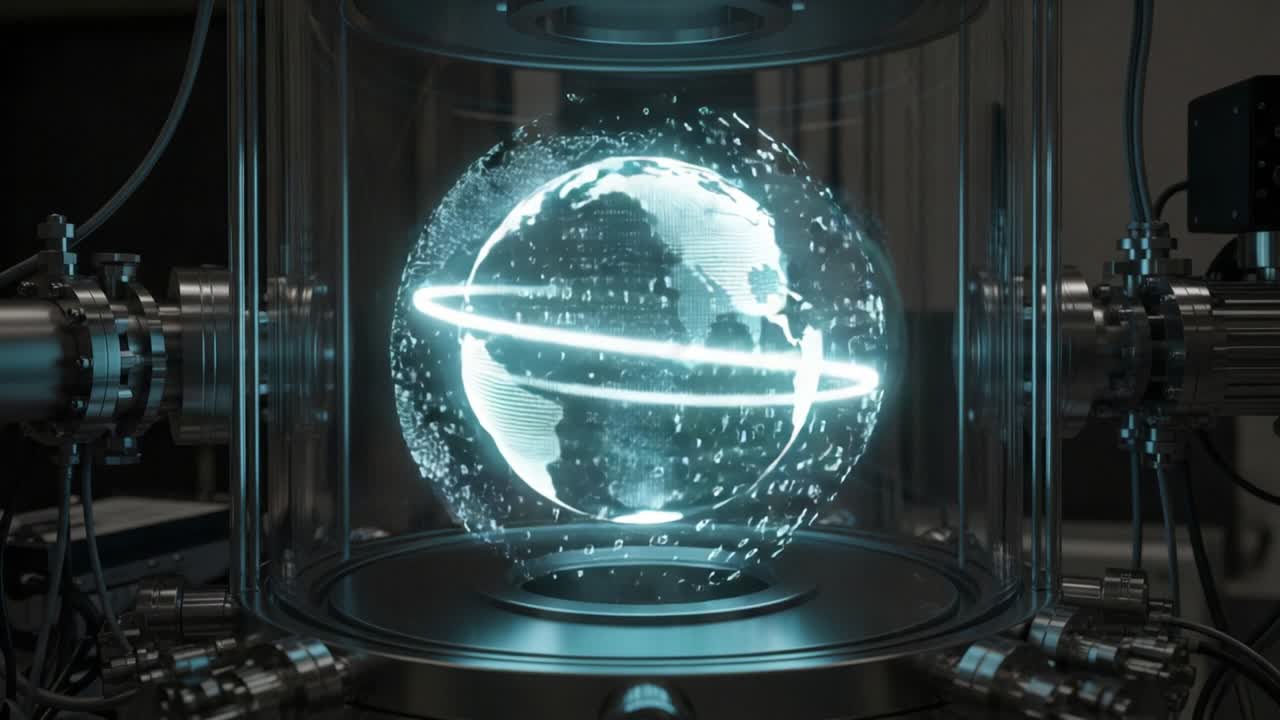 Futuristic Representation of a Digitally Rendered Globe Captured in a High-Tech Container, Showcasing Binary Data and Advanced Visualization Techniques