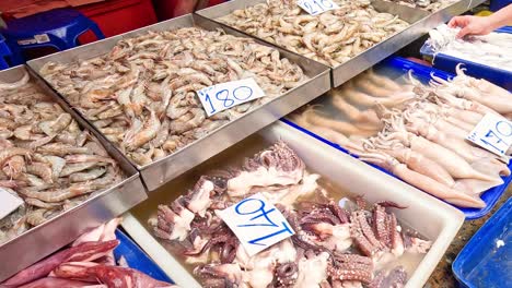 various seafood items displayed for sale