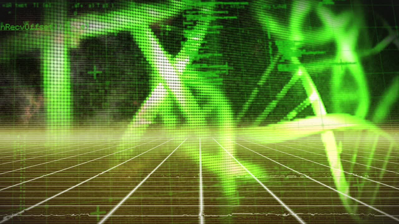 animación de estructuras de adn girando y procesamiento de datos a través de la red de cuadrícula en fondo negro