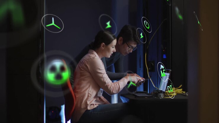Animation of eco icons and data processing over diverse business people by computer servers