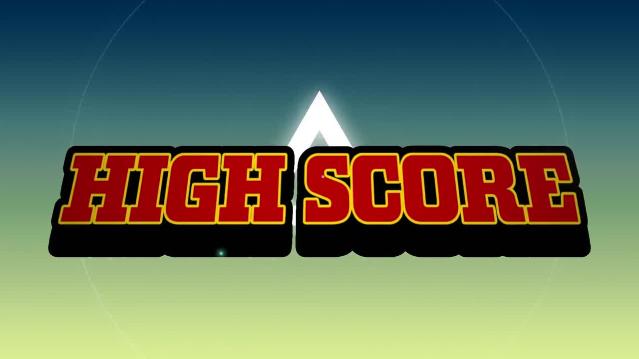 animación de texto rojo de alta puntuación, sobre explosión y formas blancas giratorias, en y amarillo y azul