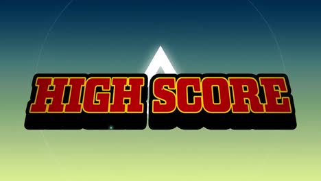 animation of red text high score, over explosion and rotating white shapes, on and yellow and blue