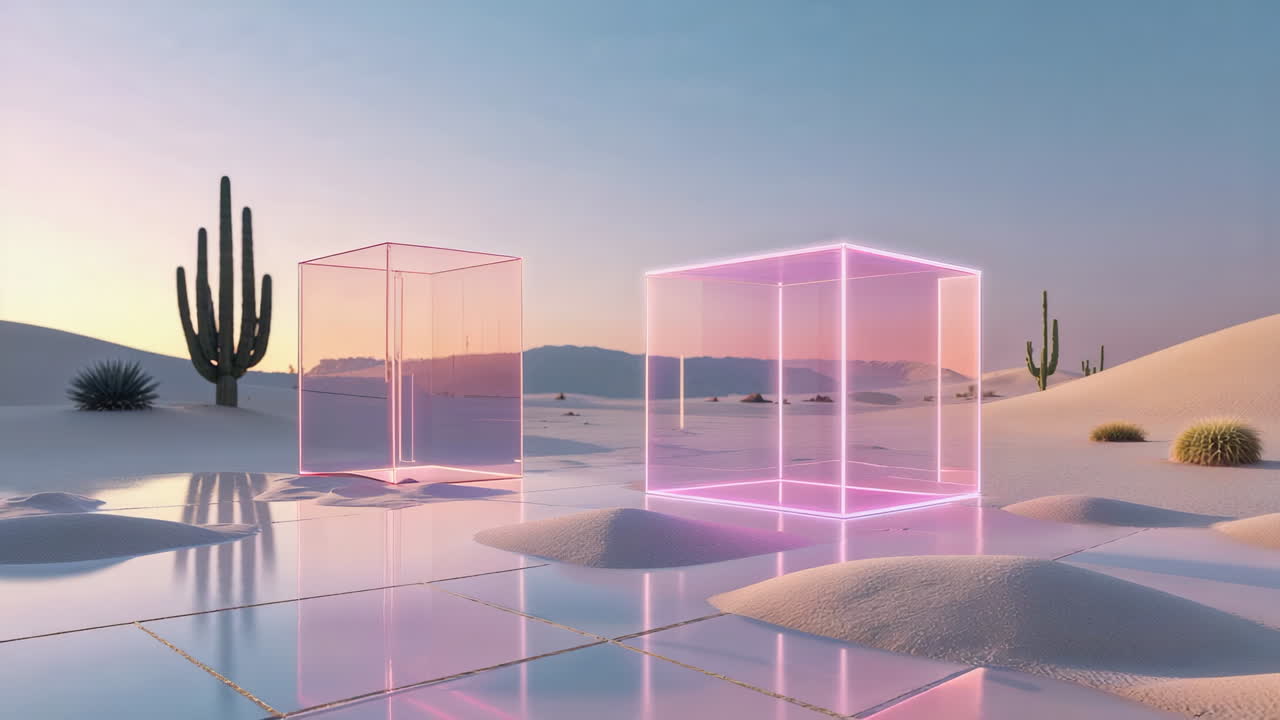 Surreal Desert Landscape with Glowing Cubes