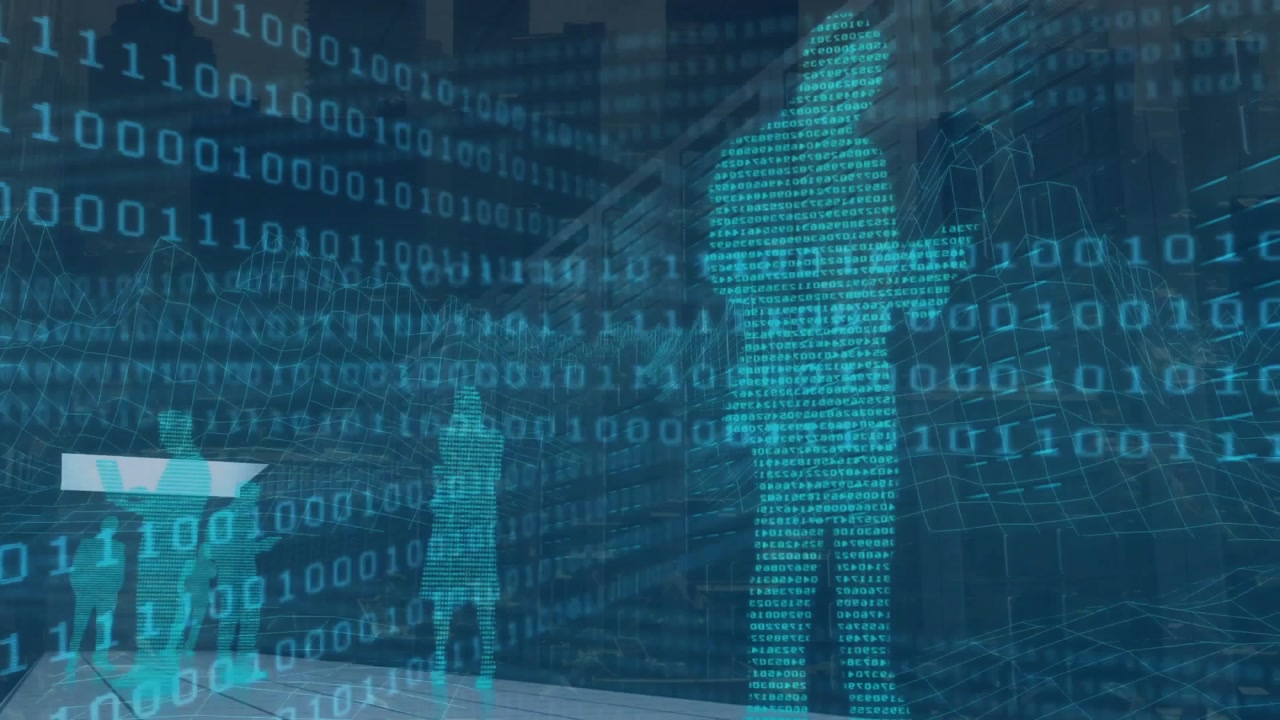 Animation of binary codes and digital people over modern buildings
